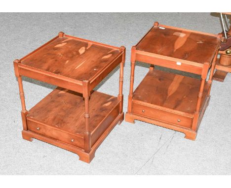A Pair of Barton Reproduction Yew Wood Two Tier Bedside Tables, with ring turned supports and each with a single drawer, 46cm