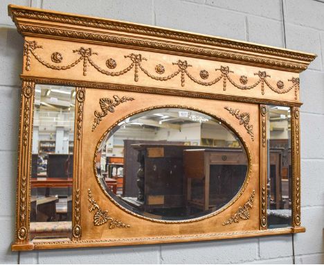 A 19th century Style Gilt Overmantle Mirror, of architectural form with central oval plate, flanked by two rectangular plates
