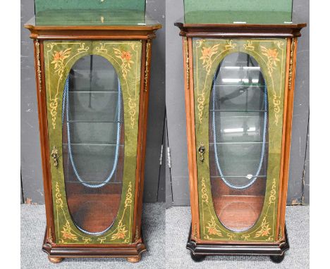 A Pair of Reproduction Marquetry Display Cabinets, of plinth form, each with four oval glazed panels, single doors, adjustabl