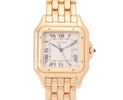 CARTIER Neo-Vintage Panthere LM, Ref 883957. Herren Armbanduhr. Gelbgold 18K. Quartz-Werk mit Datumsanzeige, funktionsfähig. 