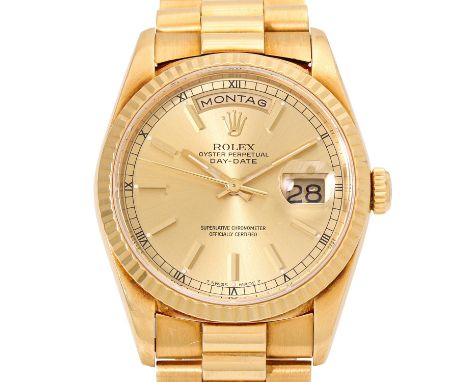 ROLEX Neo-Vintage Day-Date "Champagner", Ref. 18238. Armbanduhr aus 1995. Gelbgold 18K. Automatik-Werk, Kaliber 3155, sehr gu