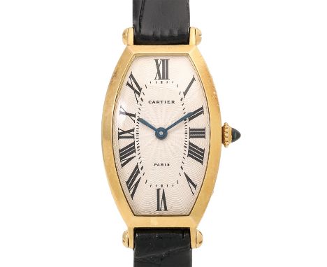 CARTIER Paris sehr seltene "Tonneau" Vintage Damen Armbanduhr. Ca. 1970. Gelbgold 18K, französische Punzen, signiert "No. 72 