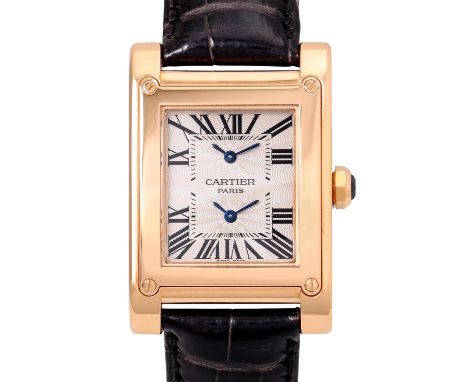 CARTIER sehr seltene Tank "à Vis" Dual Time Herrenuhr, Ref. 2594. 18 K Roségold. Handaufzugswerk unter Sichtboden, Kal. 9901M