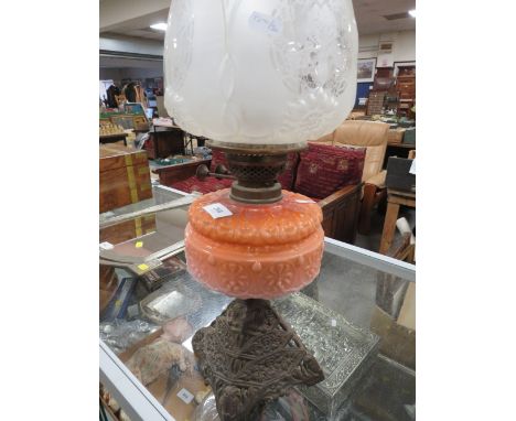 A Victorian oil lamp, with etched glass shade