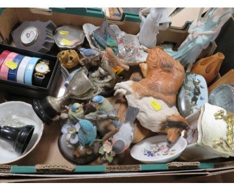A tray of assorted ceramics etc to include a Nao figurine 