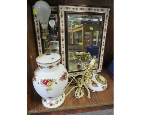 Two wall mirrors with Old Country Roses borders together with a Royal Albert Old Country Roses lamp and telephone (unchecked)