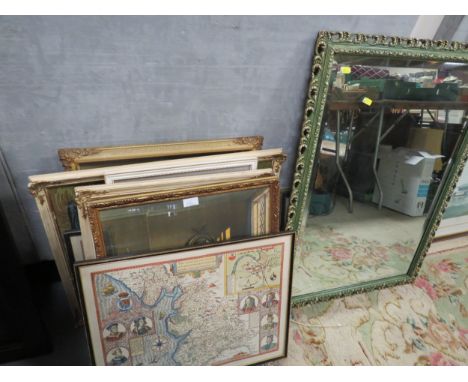 A quantity of framed and glazed pictures to include tapestry, maps and a mirror