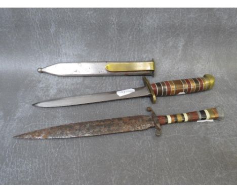 A WWII BRITISH BOOT KNIFE, with banded handle and steel scabbard, inscribed 'Portsmouth Municipal College 1942', L 42 cm, alo
