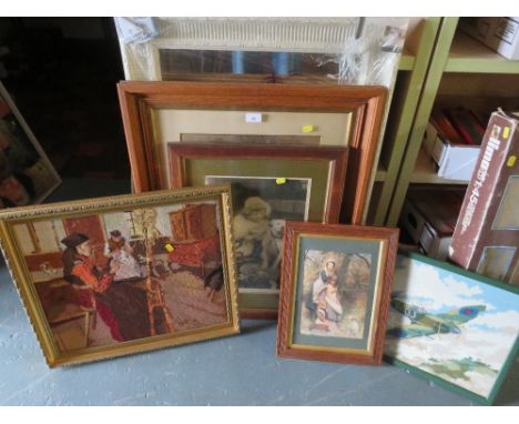 A selection of prints, a tapestry and a sealed wall mirror