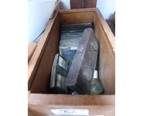 Quantity of magic lantern slides, vintage viewer and vintage lighters