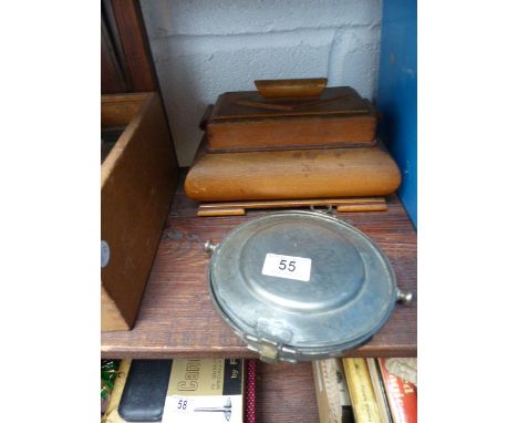 Old wooden jewellery box containing costume jewellery and pen