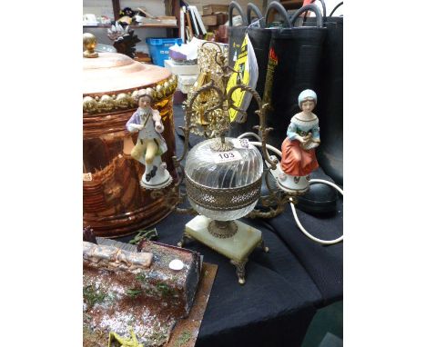 Onyx and metal lamp with figurines, H ~ 38cm