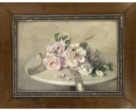 Elise Merten (1847-?), Berliner Malerin, Stillleben mit Rosen und Seidenband, Öl auf Lwd. über Karton, u. re. sign. u. dat. 1