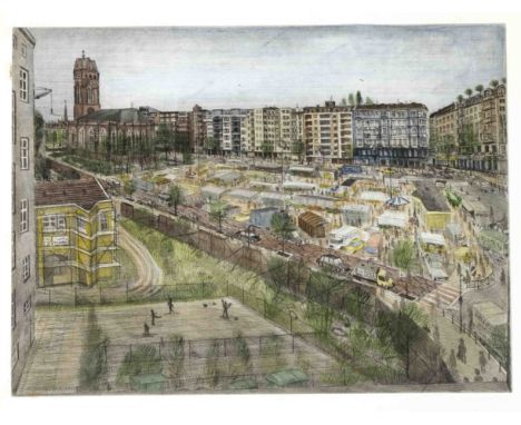 Eberhard Franke (1936-2004), Berliner Grafiker, Ansicht des Winterfeldplatzes in Berlin Schöneberg mit St. Matthiaskirche und