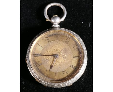 19th century Swiss open face pocket watch, stamped "fine silver", with key winding mechanism, 6cm