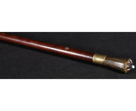 19th century rosewood walking cane, the carved rhino horn pommel with blue glass bead decoration, 85cm, the pommel, 6cm.  We 