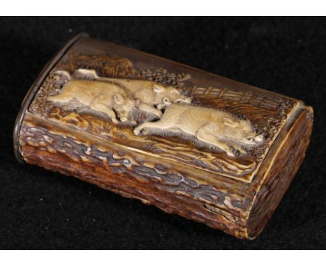 19th century Continental carved stag horn snuff box of oval section, carved with boars running, 9.5cm.