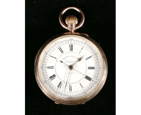 Nine carat gold keyless winding open faced chronograph pocket watch, with centre sweep seconds hand, no 55793, maker WMCC (cr