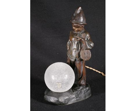 French spelter figure lamp of Pierrot holding a lute, foundry stamp, 30cm.