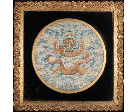 Chinese Imperial dragon roundel, the five clawed dragon embroidered in gold thread surrounding a flaming pearl, on a detailed