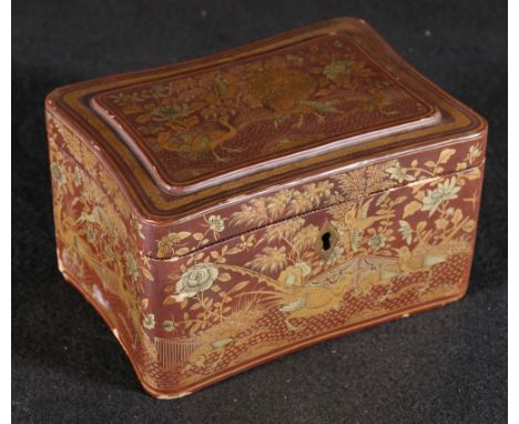 Chinese 19th century lacquered tea caddy of shaped rectangular form, the brown and gilt lacquered exterior decorated with mul