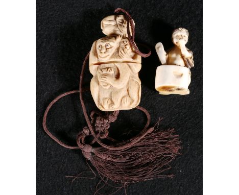 Japanese carved bone inro of two sections, carved with the three monkeys with a carved monkey closure, the box 6cm, and a sma