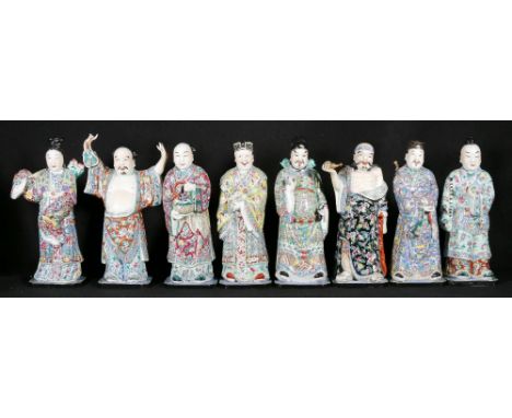 Early 20th century Chinese group of eight Immortals, enamelled multicoloured glazed decoration, each with impressed mark to b