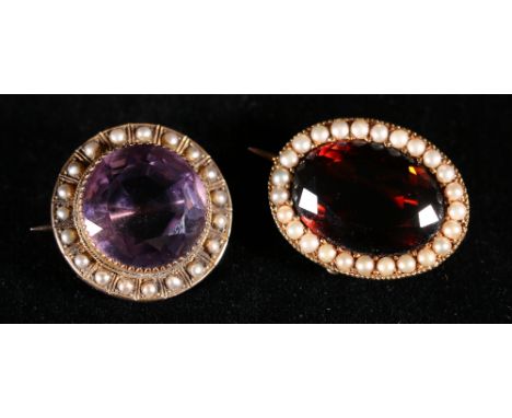 Nine carat gold circular amethyst and pearl brooch, 2cm and an oval citrine and pearl brooch, in yellow metal, 2.5cm. (2) CON