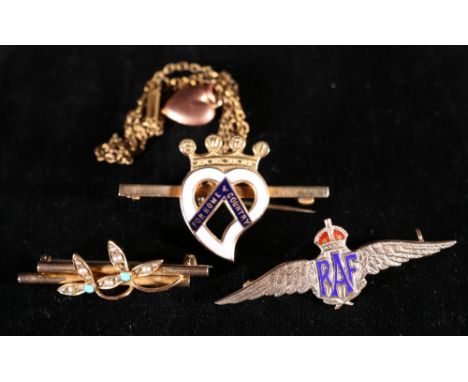Nine carat gold enamel RAF sweetheart bar brooch, an SWRI Luckenbooth 9ct gold brooch, a turquoise and pearl 9ct gold bar bro
