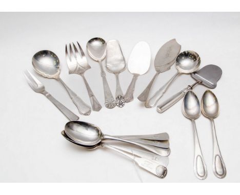 A quantity of Danish silver serving spoons, a cake slice, a cake knife, a two pronged fork and a cheese slice, approximately 