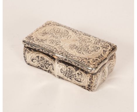 A Russian silver and niello snuff box the hinged cover with all over foliage scrolls, believed 1844, 8.25cm wide, approximate