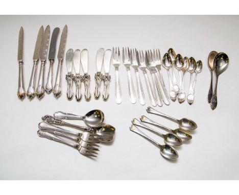 A set of six Danish silver desert forks, other Danish, Continental and English flatware, approximately 577g weighable CONDITI