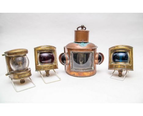 A 19th Century copper ship's lantern by Barton's, 26.5cm with three further brass individual bow light examples CONDITION REP