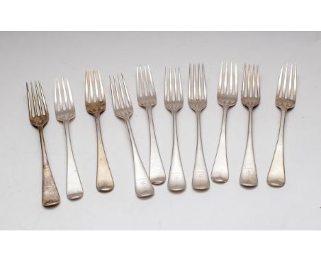 Set of five silver forks, William Hutton &amp; Sons Ltd., Sheffield 1915, rat-tail pattern with engraved handles and five oth