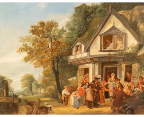 James Parry, 19th Century/The Village Pub/a man playing a fiddle to the gatherers outside/signed and dated 1865/oil on canvas