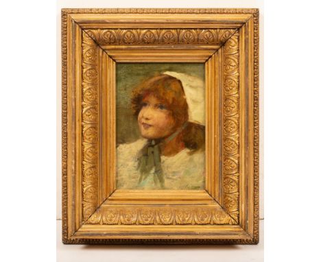 Elizabeth Hughes/Portrait of a Young Girl/looking right, wearing a white bonnet and cloak/oil on canvas laid to board, 21cm x