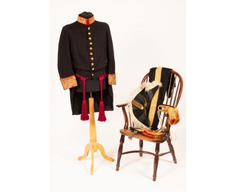 A British Royal Household Court suit with waistcoat and breeches together with two Court chapeau-bras with ostrich trim, cour