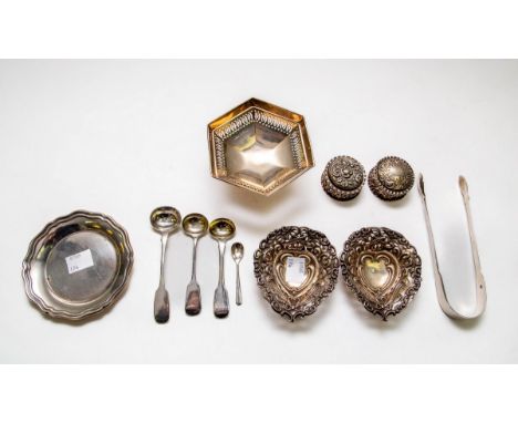 A hexagonal silver pedestal dish, Henry Clifford Davis, Birmingham 1919, 10.5cm wide x 4.5cm high, a pair of silver sugar nip