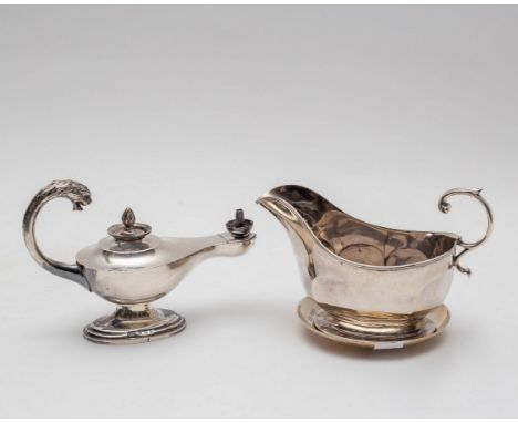 A silver mounted Aladdin lamp table cigar lighter, makers marks worn, Birmingham 1925, 10cm high, a silver commemorative dish