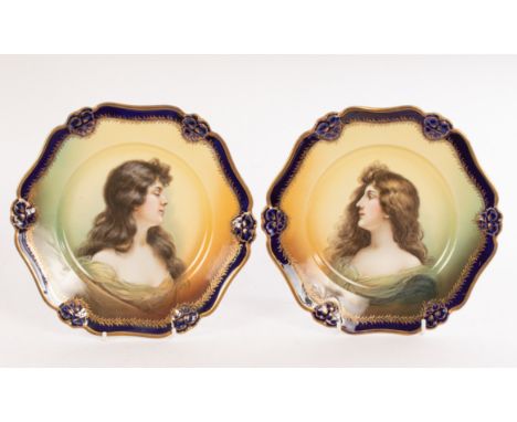 Two Rosenthal porcelain plates, in the Art Nouveau style each printed with a bust portrait of a maiden, the rims moulded with