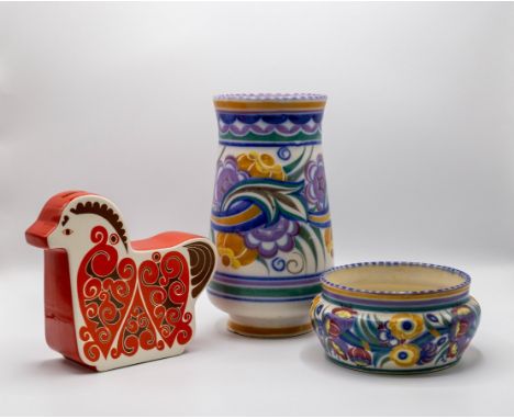 A Poole Pottery vase of floral design, 22cm high, a Poole bowl and a Carlton Ware money box in the form of a horse CONDITION 