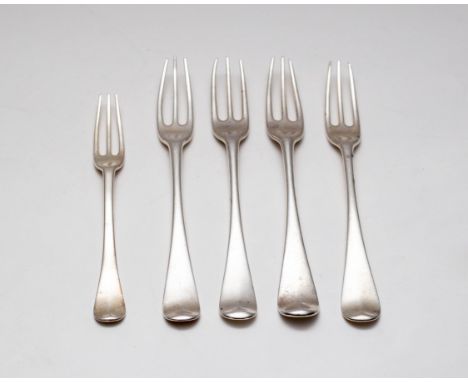A set of four George II silver sweet meat forks, Ebenezer Coker, date marks worn and a matched smaller fork, approximately 26
