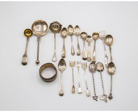 Various silver teaspoons, condiment spoons, napkin ring etc., approximately 234g CONDITION REPORT: Condition information is n