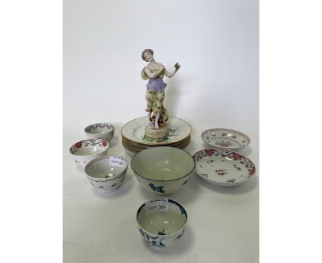 Two Newhall famille rose tea bowls and saucers, another bowl, two Worcester blue and white bowls, a set of four Copenhagen pl