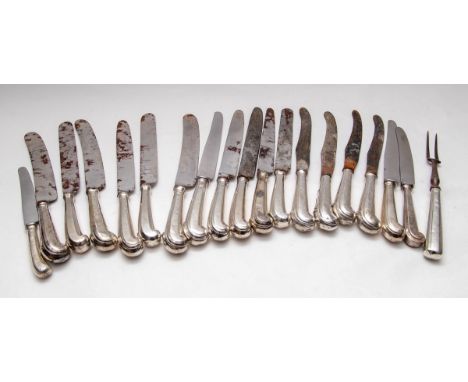 Assorted silver handled knives, marks worn, 19th Century and a silver handled carving fork (19)  CONDITION REPORT: Condition 