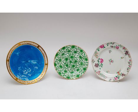 A Minton Limoges enamel style turquoise ground cabinet plate and two Spode pottery plates, 19th Century, printed and impresse