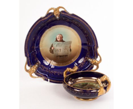 A Rosenthal blue ground bowl with three rams mask handles, decorated to the centre with a friar and another bowl marked Royal