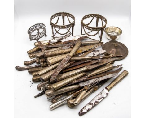 Assorted silver handled flatware, date marks worn, some damage, a silver lid and other silver and plated items   CONDITION RE