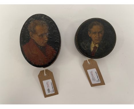 Two Russian lacquer boxes, each decorated a portrait of gentleman to the lid and with red interior, the larger 11.5cm long x 