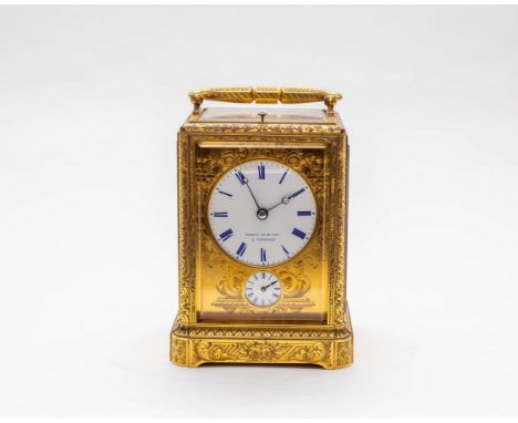 A French gilt brass carriage clock, early/mid 19th Century, retailed by A. Demeur, scroll and floral engraved, Roman numeral 